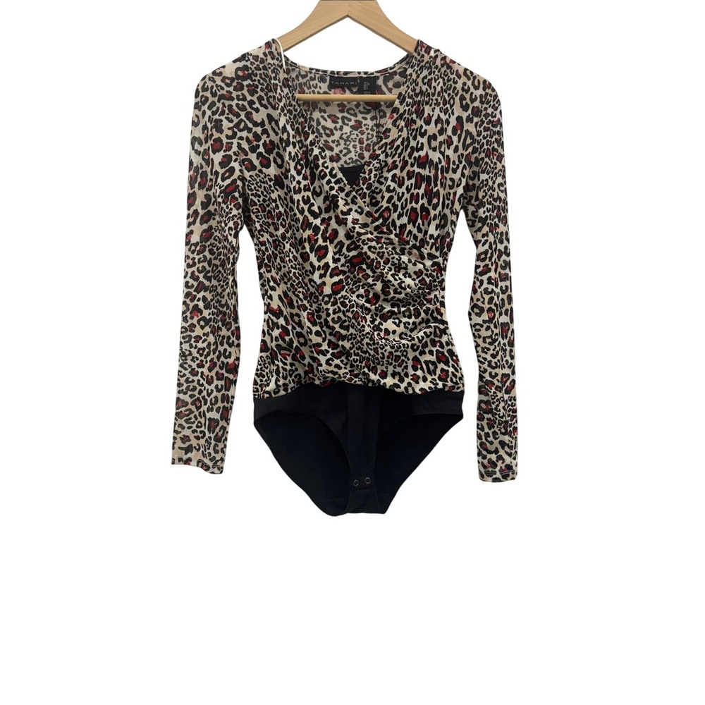 NWT Tahari Leopard Print Wrap Bodysuit Long Sleeve Animal Print Small
